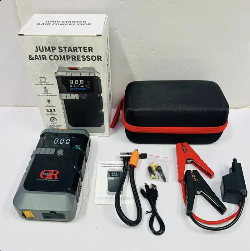 Gadloop Emergency Industrial Power Starter with box, zip-up storage case, copper clamps, inflation hose, nozzles, Type-C cable and manual