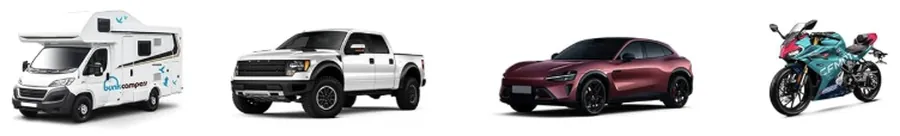 Motorhome, pickup truck, car and motorbike
